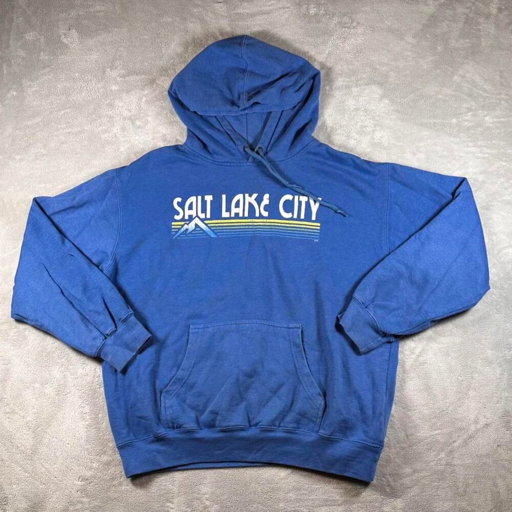 Vintage Prairie Mountain Salt Lake City Hoodie Size XL Blue Retro